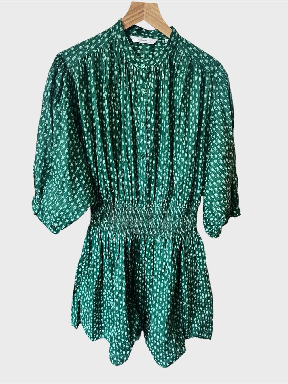 Rebecca Taylor Green Printed Smocked Waist Women’s shirt dress.